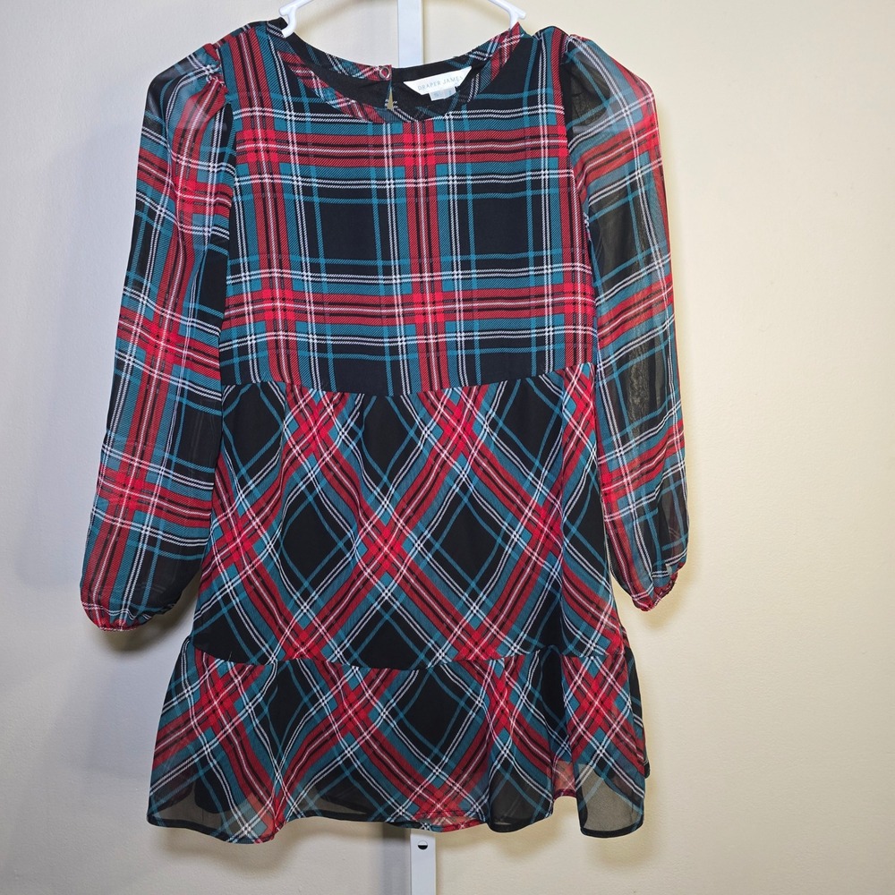 Draper James Girls Red Black Plaid Tiered Long Sleeve Holiday Dress Size S